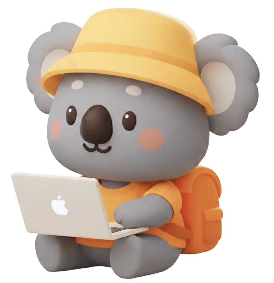 TravelHere koala character with laptop